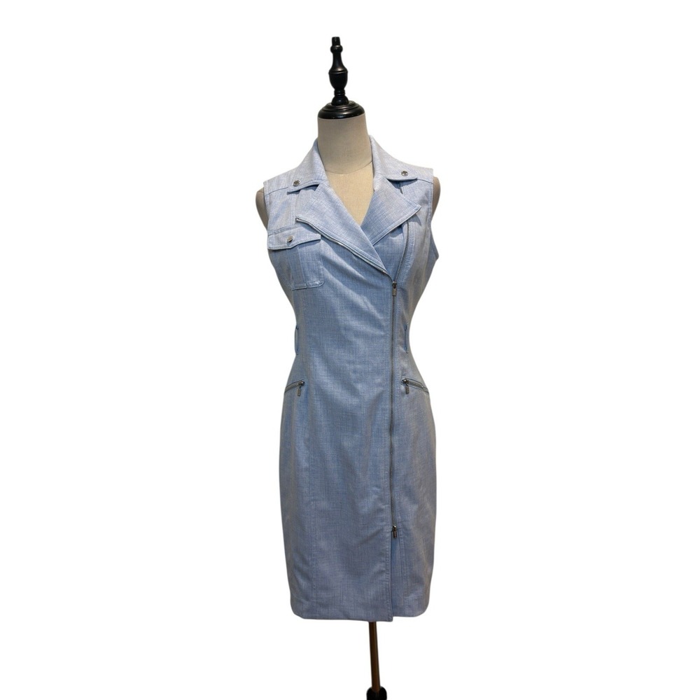 Calvin‎ Klein Blue Zip Up Moto Sheath Dress Sz 4 Minimalist Contemporary